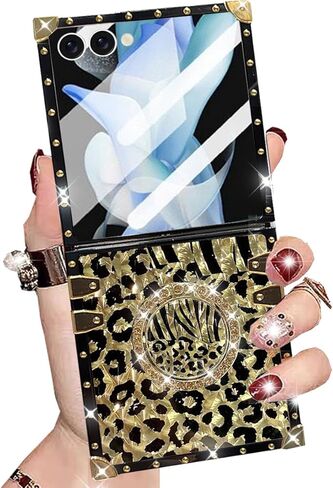 جراب بمسند لامع لهاتف Samsung Galaxy Z Flip 7 5G، نمط طباعة الفهد الفاخر اللطيف مع حامل حلقي لامع أنيق مضاد للصدمات للنساء والفتيات لهاتف Galaxy Z Flip 7، Leopard in Kuwait