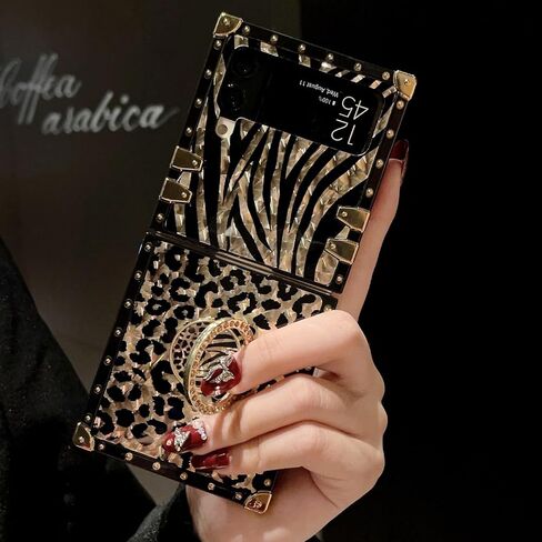 جراب بمسند لامع لهاتف Samsung Galaxy Z Flip 7 5G، نمط طباعة الفهد الفاخر اللطيف مع حامل حلقي لامع أنيق مضاد للصدمات للنساء والفتيات لهاتف Galaxy Z Flip 7، Leopard in Kuwait