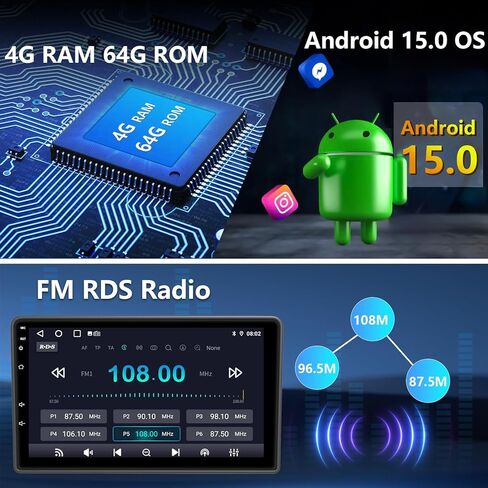 Plug and Play 10.1 Inch Android 15 GPS Car Stereo Upgrade 4GB+64GB for Jeep Wrangler JK 2007-2018 Dodge Ram 1500 2500 2009 2010 2011 2012 Grand Cherokee with Wireless CarPlay Android Auto Bluetooth FM in Kuwait