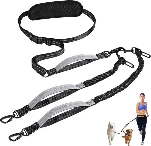Hands Free Dog Leash, Waist Leash for Dog Walking 2 Dogs, Double Hands Free Lead with Detachable Waist Pad, Padded Handles, Shock Absorbing Bungee for Walking Jogging Hiking, Blue&Black in Saudi Arabia