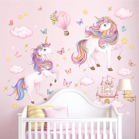 Tanlaby Unicorn Wall Decals Unicorn Castle Wall Stickers with Butterflies Clouds Star Peel and Stick Wall Art Decals for Baby Nursery Girls Bedroom Daycare Decor in Kuwait