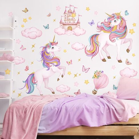 Tanlaby Unicorn Wall Decals Unicorn Castle Wall Stickers with Butterflies Clouds Star Peel and Stick Wall Art Decals for Baby Nursery Girls Bedroom Daycare Decor in Kuwait