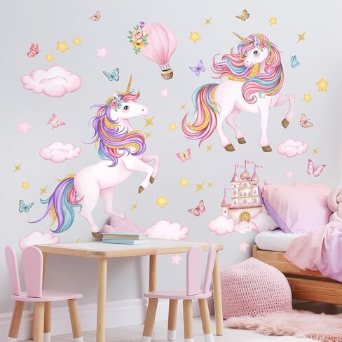 Tanlaby Unicorn Wall Decals Unicorn Castle Wall Stickers with Butterflies Clouds Star Peel and Stick Wall Art Decals for Baby Nursery Girls Bedroom Daycare Decor in Kuwait