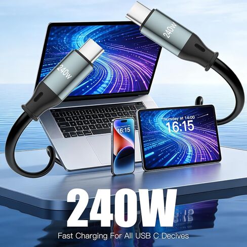 كابل USB C ملفوف 240 وات من W&X SCHUGS، لكابل Android Auto & CarPlay، كابل USB Cto USB C متوافق مع iPhone 17/16/15، Sam Galaxy S25/S24/S23 A15/A14، Google Pixel 9/8، أسود 6.2FT in Kuwait