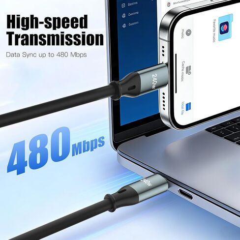 كابل USB C ملفوف 240 وات من W&X SCHUGS، لكابل Android Auto & CarPlay، كابل USB Cto USB C متوافق مع iPhone 17/16/15، Sam Galaxy S25/S24/S23 A15/A14، Google Pixel 9/8، أسود 6.2FT in Kuwait