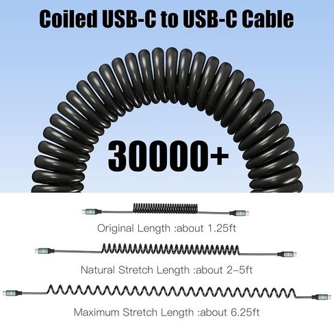 كابل USB C ملفوف 240 وات من W&X SCHUGS، لكابل Android Auto & CarPlay، كابل USB Cto USB C متوافق مع iPhone 17/16/15، Sam Galaxy S25/S24/S23 A15/A14، Google Pixel 9/8، أسود 6.2FT in Kuwait