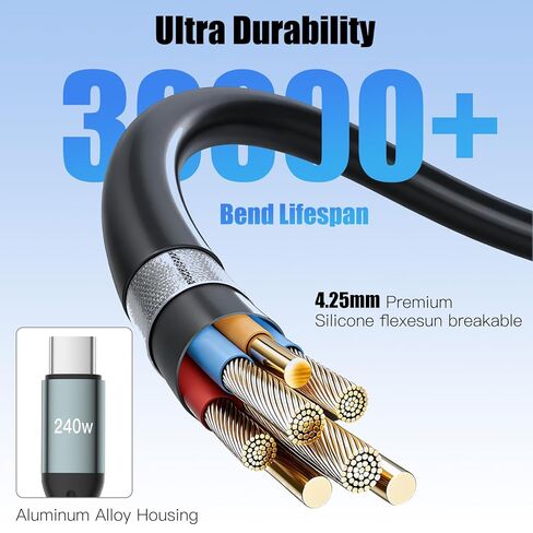 كابل USB C ملفوف 240 وات من W&X SCHUGS، لكابل Android Auto & CarPlay، كابل USB Cto USB C متوافق مع iPhone 17/16/15، Sam Galaxy S25/S24/S23 A15/A14، Google Pixel 9/8، أسود 6.2FT in Kuwait