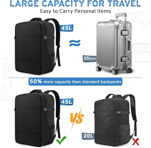 ZOMFELT حقيبة ظهر للسفر للنساء والرجال، حقيبة ظهر سعة 45 لترًا مقاس 22 × 14 × 9 معتمدة من شركة الطيران، حقيبة ظهر للكمبيوتر المحمول مقاس 15.6 بوصة من إدارة أمن المواصلات الأمريكية، حقيبة سفر للأغراض الشخصية، مقاومة للماء للعمل التجاري، أسود in Kuwait