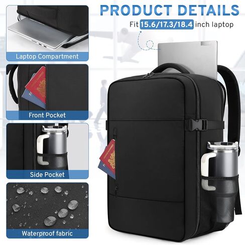 ZOMFELT حقيبة ظهر للسفر للنساء والرجال، حقيبة ظهر سعة 45 لترًا مقاس 22 × 14 × 9 معتمدة من شركة الطيران، حقيبة ظهر للكمبيوتر المحمول مقاس 15.6 بوصة من إدارة أمن المواصلات الأمريكية، حقيبة سفر للأغراض الشخصية، مقاومة للماء للعمل التجاري، أسود in Kuwait