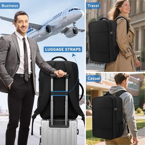 ZOMFELT حقيبة ظهر للسفر للنساء والرجال، حقيبة ظهر سعة 45 لترًا مقاس 22 × 14 × 9 معتمدة من شركة الطيران، حقيبة ظهر للكمبيوتر المحمول مقاس 15.6 بوصة من إدارة أمن المواصلات الأمريكية، حقيبة سفر للأغراض الشخصية، مقاومة للماء للعمل التجاري، أسود in Kuwait