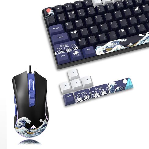 أغطية مفاتيح XVX PBT 132 مفتاحًا، أغطية مفاتيح للوحة المفاتيح اليابانية Great Wave Off Kanagawa + ماوس ألعاب سلكي in Kuwait