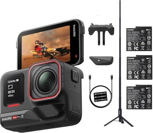 Insta360 Ace Pro 2 Dual Battery +1 Bundle Waterproof 33ft Action Camera Lens 8K Large Dual AI Noise Reduction 1/1.3" Sensor Flip LCD Screen Sports Content with Tripod Selfie Stick (3 Total Batteries) in Saudi Arabia