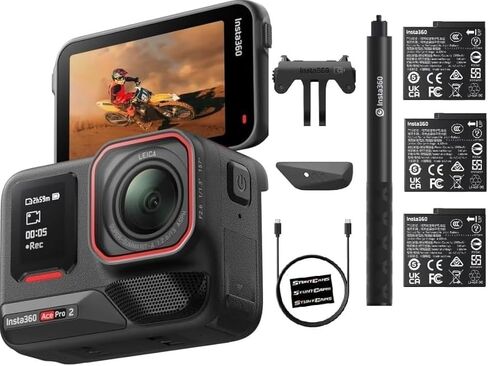 Insta360 Ace Pro 2 بطارية مزدوجة + حزمة واحدة مضادة للماء بطول 33 قدم عدسة كاميرا 8K كبيرة مزدوجة AI تحرير تقليل الضوضاء 1/1.3 بوصة مستشعر قابل للطي شاشة LCD محتوى رياضي مع عصا سيلفي (3 بطاريات إجمالية) in Saudi Arabia