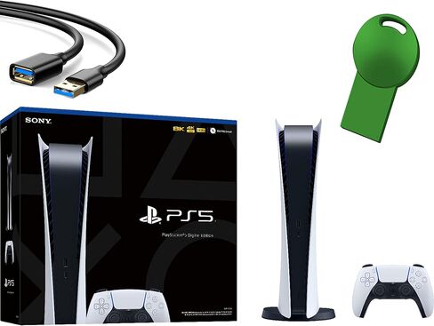وحدة تحكم الألعاب Sony PS5 PlayStation 5 الإصدار الرقمي + 1 وحدة تحكم لاسلكية - ذاكرة GDDR6 سعة 16 جيجابايت، وحدة تخزين SSD سعة 825 جيجابايت، واي فاي 6، بلوتوث 5.1 - محرك فلاش USB أخضر سعة 32 جيجابايت من iPuzzle + كابل تمديد USB in Kuwait