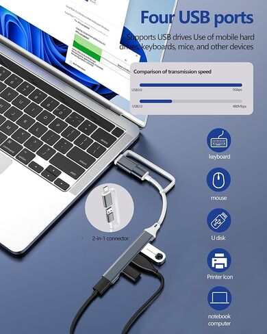 USB Hub USB C toMultiport محول Thunderbolt OTG 3.0 Splitter (4in1) كمبيوتر محمول من النوع C منفذ محول كابل موسع لأجهزة Apple Macbook PC محول متعدد الأجهزة ومحول قاعدة البيانات وقابس بيانات لهاتف iPhone 17 16 in Kuwait