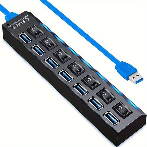 موزع USB 3.0 ذو 7 منافذ مع مفتاح LED مستقل، نقل بيانات بسرعة 5 جيجابت في الثانية، كابل تمديد USB عالمي لأجهزة الكمبيوتر المحمول، الكمبيوتر الشخصي، MacBook، Mac Pro، Mac mini، iMac، Surface Pro - مادة PC متينة in Kuwait