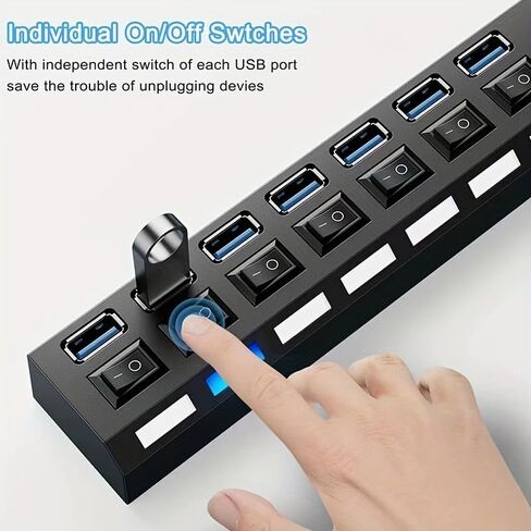 موزع USB 3.0 ذو 7 منافذ مع مفتاح LED مستقل، نقل بيانات بسرعة 5 جيجابت في الثانية، كابل تمديد USB عالمي لأجهزة الكمبيوتر المحمول، الكمبيوتر الشخصي، MacBook، Mac Pro، Mac mini، iMac، Surface Pro - مادة PC متينة in Kuwait