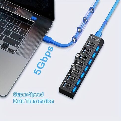 موزع USB 3.0 ذو 7 منافذ مع مفتاح LED مستقل، نقل بيانات بسرعة 5 جيجابت في الثانية، كابل تمديد USB عالمي لأجهزة الكمبيوتر المحمول، الكمبيوتر الشخصي، MacBook، Mac Pro، Mac mini، iMac، Surface Pro - مادة PC متينة in Kuwait