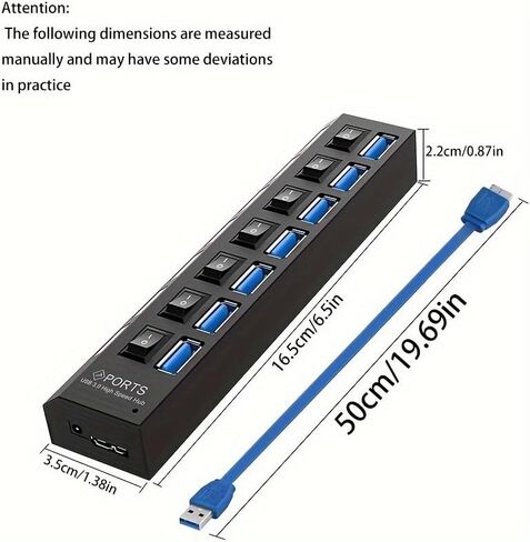موزع USB 3.0 ذو 7 منافذ مع مفتاح LED مستقل، نقل بيانات بسرعة 5 جيجابت في الثانية، كابل تمديد USB عالمي لأجهزة الكمبيوتر المحمول، الكمبيوتر الشخصي، MacBook، Mac Pro، Mac mini، iMac، Surface Pro - مادة PC متينة in Kuwait