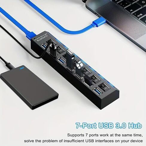 موزع USB 3.0 ذو 7 منافذ مع مفتاح LED مستقل، نقل بيانات بسرعة 5 جيجابت في الثانية، كابل تمديد USB عالمي لأجهزة الكمبيوتر المحمول، الكمبيوتر الشخصي، MacBook، Mac Pro، Mac mini، iMac، Surface Pro - مادة PC متينة in Kuwait