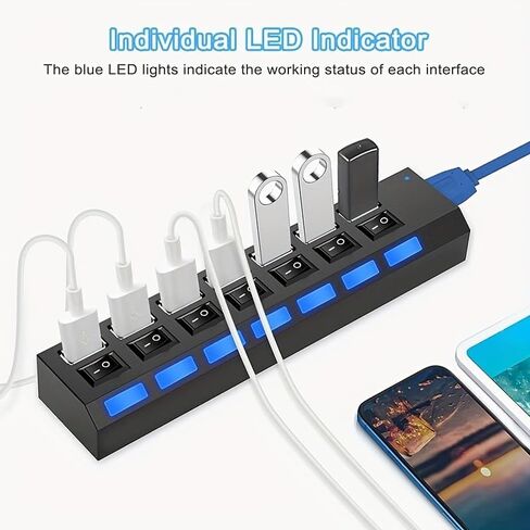 موزع USB 3.0 ذو 7 منافذ مع مفتاح LED مستقل، نقل بيانات بسرعة 5 جيجابت في الثانية، كابل تمديد USB عالمي لأجهزة الكمبيوتر المحمول، الكمبيوتر الشخصي، MacBook، Mac Pro، Mac mini، iMac، Surface Pro - مادة PC متينة in Kuwait