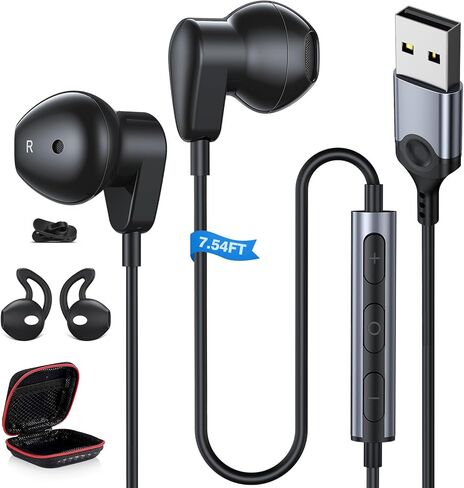 ASKUBSKU سماعات رأس USB مع ميكروفون للكمبيوتر الشخصي، USB A سماعة رأس للكمبيوتر، سماعات أذن USBA سلكية مع كتم الصوت وسلك اتصال ستيريو لأجهزة الكمبيوتر المحمول Dell/Surface/Switch، أسود in Saudi Arabia