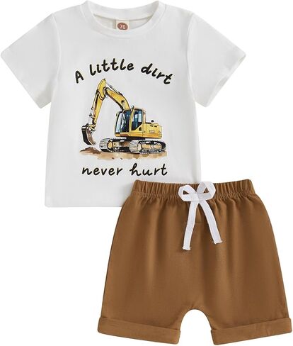 SAYOO Toddler Baby Boy Summer Tractor Clothes A Little Dirt Letter Short Sleeve Shirt Top Jogger Shorts 2Pcs Farm Outfit in Saudi Arabia