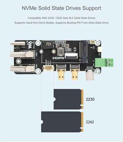 PCIe to M.2 Multifunctional Adapter, Compatible with Raspberry Pi 5, Two Power Supply Methods, Supports Dual 4K Outputs in Saudi Arabia