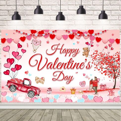 خلفية عيد الحب السعيد، لافتة عيد الحب، ديكورات حفلات عيد الحب، خلفيات عيد الحب للتصوير الفوتوغرافي، سيارة حمراء، قلب الحب، زينة لافتة عيد الحب للحفلات، 70.8 × 43.3 بوصة in Saudi Arabia