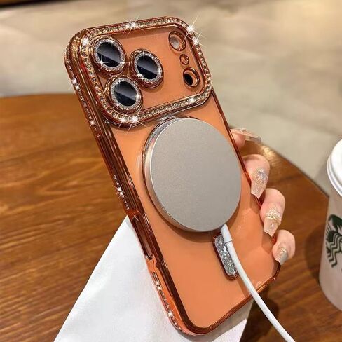حافظة مغناطيسية لهاتف iPhone 17 Pro Max مقاس 6.9 بوصة [متوافقة مع MagSafe] مع حماية للكاميرا من الألماس اللامع ومضادة للصدمات وشفافة وجذابة لهاتف iPhone 17 ProMax، برتقالي in Saudi Arabia