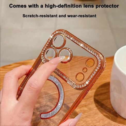 حافظة مغناطيسية لهاتف iPhone 17 Pro Max مقاس 6.9 بوصة [متوافقة مع MagSafe] مع حماية للكاميرا من الألماس اللامع ومضادة للصدمات وشفافة وجذابة لهاتف iPhone 17 ProMax، برتقالي in Saudi Arabia