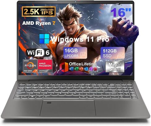كمبيوتر محمول للألعاب 2025 مقاس 16 بوصة 2.5K IPS، AMD Ryzen 7 6800H (يصل إلى 4.7 جيجا هرتز)، 16 جيجابايت DDR5 512 جيجابايت SSD، AMD Radeon 680M، WiFi 6، Type-C، كاميرا ويب، بصمة الإصبع، لوحة مفاتيح بإضاءة خلفية، Windows 11 Pro مع MS Office in Kuwait