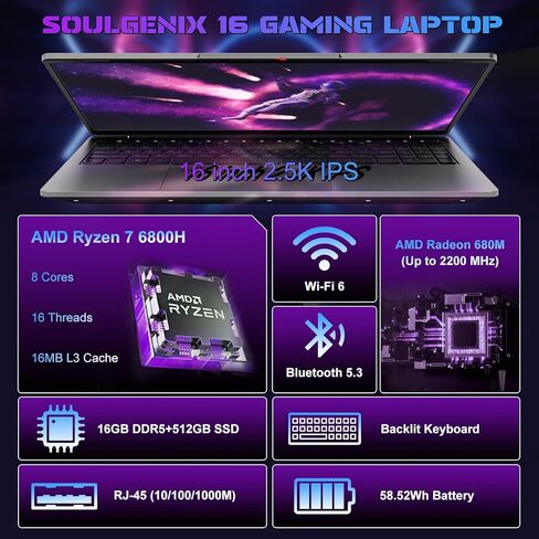 كمبيوتر محمول للألعاب 2025 مقاس 16 بوصة 2.5K IPS، AMD Ryzen 7 6800H (يصل إلى 4.7 جيجا هرتز)، 16 جيجابايت DDR5 512 جيجابايت SSD، AMD Radeon 680M، WiFi 6، Type-C، كاميرا ويب، بصمة الإصبع، لوحة مفاتيح بإضاءة خلفية، Windows 11 Pro مع MS Office in Kuwait