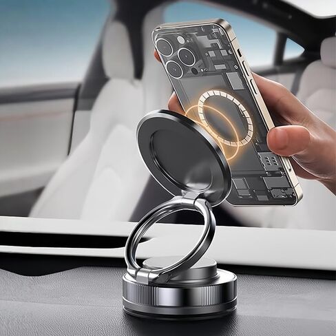 Vacuum Magnetic Phone Holder with Magnetic Ring & Non-Slip Adhesive Pad, Rotatable Adjustable Car Phone Mount, Suction Cup Phone Mount for iPhone & Android, Black in Saudi Arabia