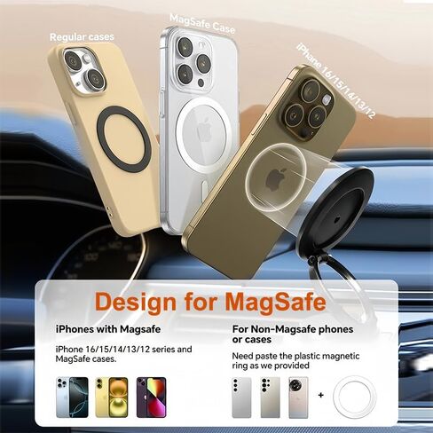 Vacuum Magnetic Phone Holder with Magnetic Ring & Non-Slip Adhesive Pad, Rotatable Adjustable Car Phone Mount, Suction Cup Phone Mount for iPhone & Android, Black in Saudi Arabia