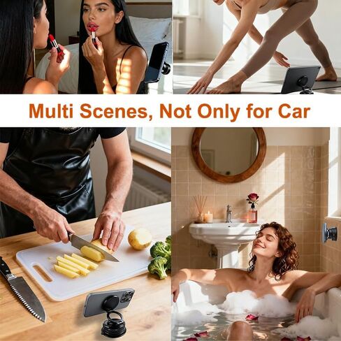 Vacuum Magnetic Phone Holder with Magnetic Ring & Non-Slip Adhesive Pad, Rotatable Adjustable Car Phone Mount, Suction Cup Phone Mount for iPhone & Android, Black in Saudi Arabia