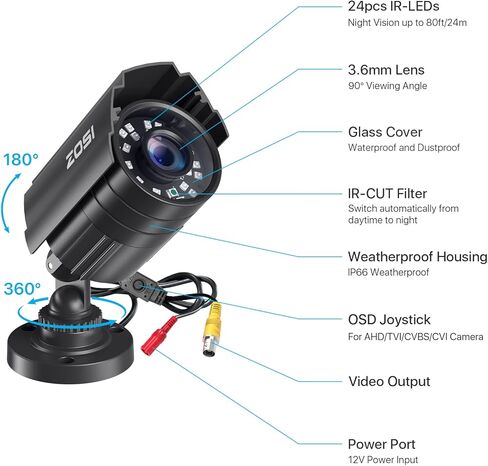 ZOSI 1080P 2.0MP Security Camera | 4-in-1 TVI/CVI/AHD/CVBS Hybrid CCTV Camera System | 1920TVL HD, 80ft IR Night Vision | Compatible with 960H, 720P, 1080P, 5MP, 4K Analog Surveillance DVR in Saudi Arabia