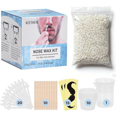 Keethem 120g Nose Wax Kit, Nose Wax with 40 Applicators, Nose Hair Wax Painless Nose Hair Removal at Least 20 Times Usage, Nose Hair Waxing Kit for Men and Women with 20 Mustache Guards, 20pcs Paper Cup, 10pcs wooden sticks in Saudi Arabia