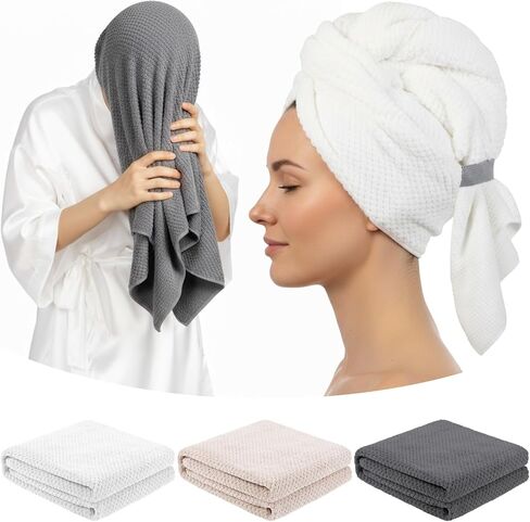 3 Pack Microfiber Hair Towel Absorbent Wrap Towel Hair Towel Turban Large Quick Hair Dry Towel Bath Head Towel Head Wrap Hair Drying Towel for Women Men Long Hair Curly Hair Shower, Pink Green White in Saudi Arabia