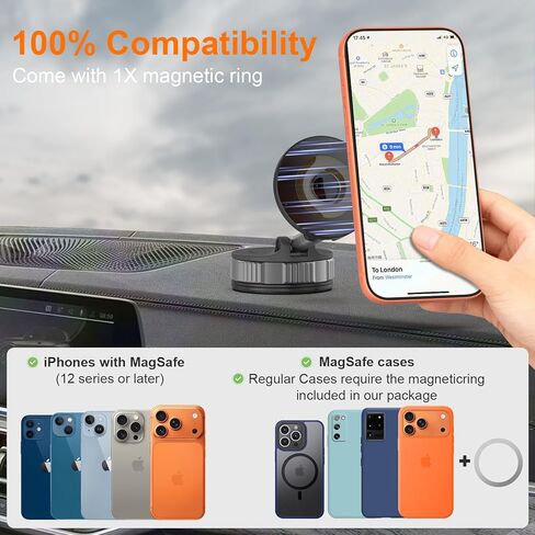 Magnetic Car Phone Holder 360° Adjustable Magsafe Car Mount Vacuum Suction Car Magsafe Phone Mount Cell Phone Holders for Your Car for iPhone 17/16/15/14/13/12 Series in Saudi Arabia
