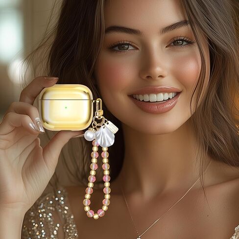 Compatible with AirPods 4 Case Girly Protective Glitter Gold Jewelry Cover for Air Pods 4th Generation with Luxury Bracelet Keychain for Women Girls (Pink) in Saudi Arabia