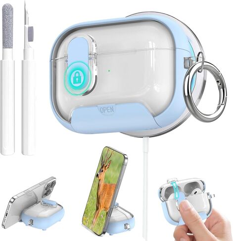 حافظة شفافة لسماعات Airpods 4، قفل آمن لجهاز Airpods الجيل الرابع مع حامل هاتف ووظيفة Magsafe، تصميم تلقائي للحماية الهجينة مع حلقة تسلق وقلم تنظيف - أبيض in Saudi Arabia