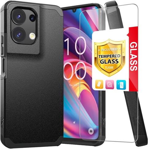 TJS متوافق مع حافظة TCL K32 5G، حافظة TCL K33 5G، مع واقي شاشة من الزجاج المقسى، حافظة هاتف متينة هجينة مزدوجة الطبقات مقاومة للصدمات لهاتف TCL K32/K33 5G (أسود) in Kuwait