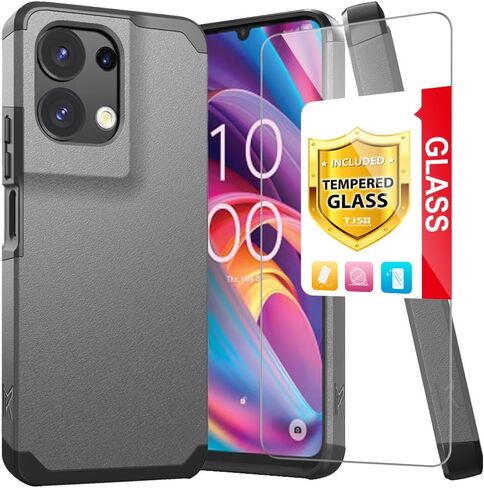 TJS متوافق مع حافظة TCL K32 5G، حافظة TCL K33 5G، مع واقي شاشة من الزجاج المقسى، حافظة هاتف متينة هجينة مزدوجة الطبقات مقاومة للصدمات لهاتف TCL K32/K33 5G (أسود) in Kuwait