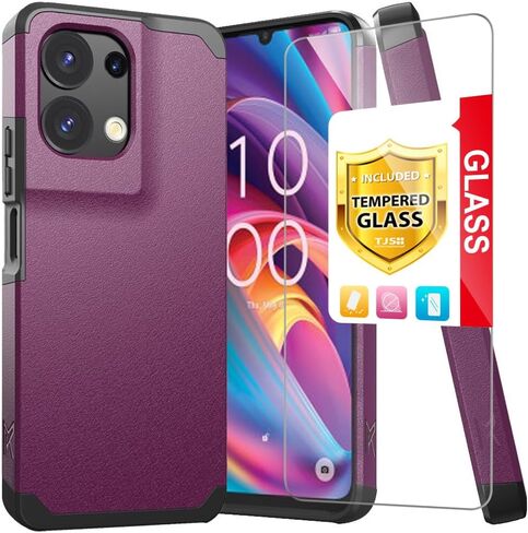 TJS متوافق مع حافظة TCL K32 5G، حافظة TCL K33 5G، مع واقي شاشة من الزجاج المقسى، حافظة هاتف متينة هجينة مزدوجة الطبقات مقاومة للصدمات لهاتف TCL K32/K33 5G (أسود) in Kuwait