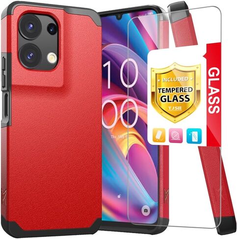 TJS متوافق مع حافظة TCL K32 5G، حافظة TCL K33 5G، مع واقي شاشة من الزجاج المقسى، حافظة هاتف متينة هجينة مزدوجة الطبقات مقاومة للصدمات لهاتف TCL K32/K33 5G (أسود) in Kuwait