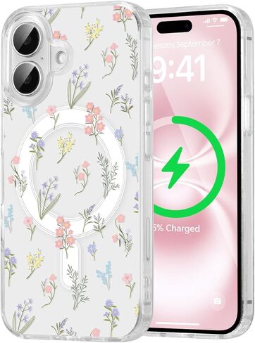 QLTYPRI Magnetic for iPhone 16e Case Compatible with Magsafe, Cute Floral Flower Aesthetic Phone Case Slim Clear Anti-Yellowing Shockproof Phone Cover for Girls Women - Pink in Kuwait