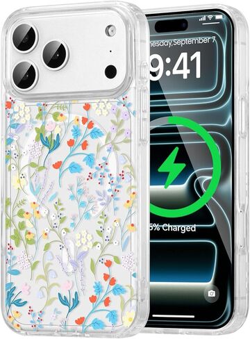 QLTYPRI Magnetic for iPhone 16e Case Compatible with Magsafe, Cute Floral Flower Aesthetic Phone Case Slim Clear Anti-Yellowing Shockproof Phone Cover for Girls Women - Pink in Kuwait