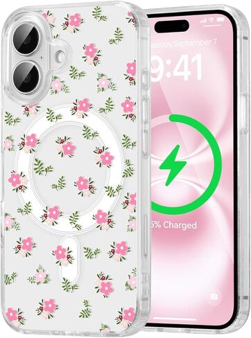 QLTYPRI Magnetic for iPhone 16e Case Compatible with Magsafe, Cute Floral Flower Aesthetic Phone Case Slim Clear Anti-Yellowing Shockproof Phone Cover for Girls Women - Pink in Kuwait