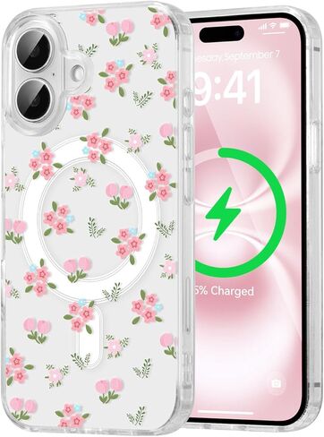 QLTYPRI Magnetic for iPhone 16e Case Compatible with Magsafe, Cute Floral Flower Aesthetic Phone Case Slim Clear Anti-Yellowing Shockproof Phone Cover for Girls Women - Pink in Kuwait